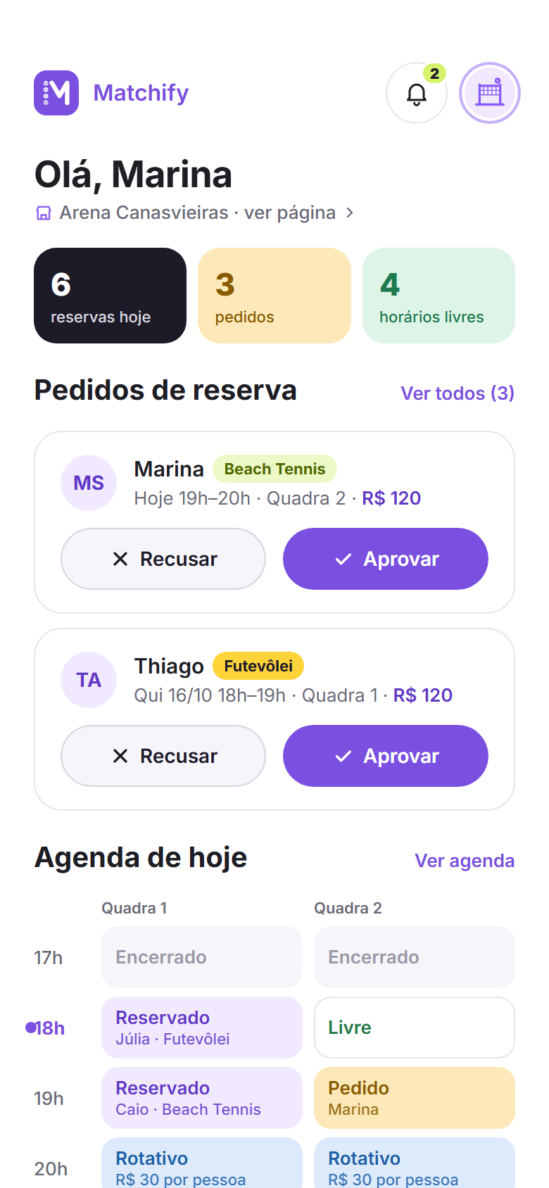 Tela do app com o início da arena: pedidos de reserva e a agenda do dia