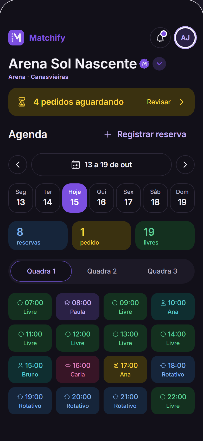 A mesma tela no tema escuro: o Início da arena: os pedidos aguardando e a agenda da semana em grade, com os rotativos