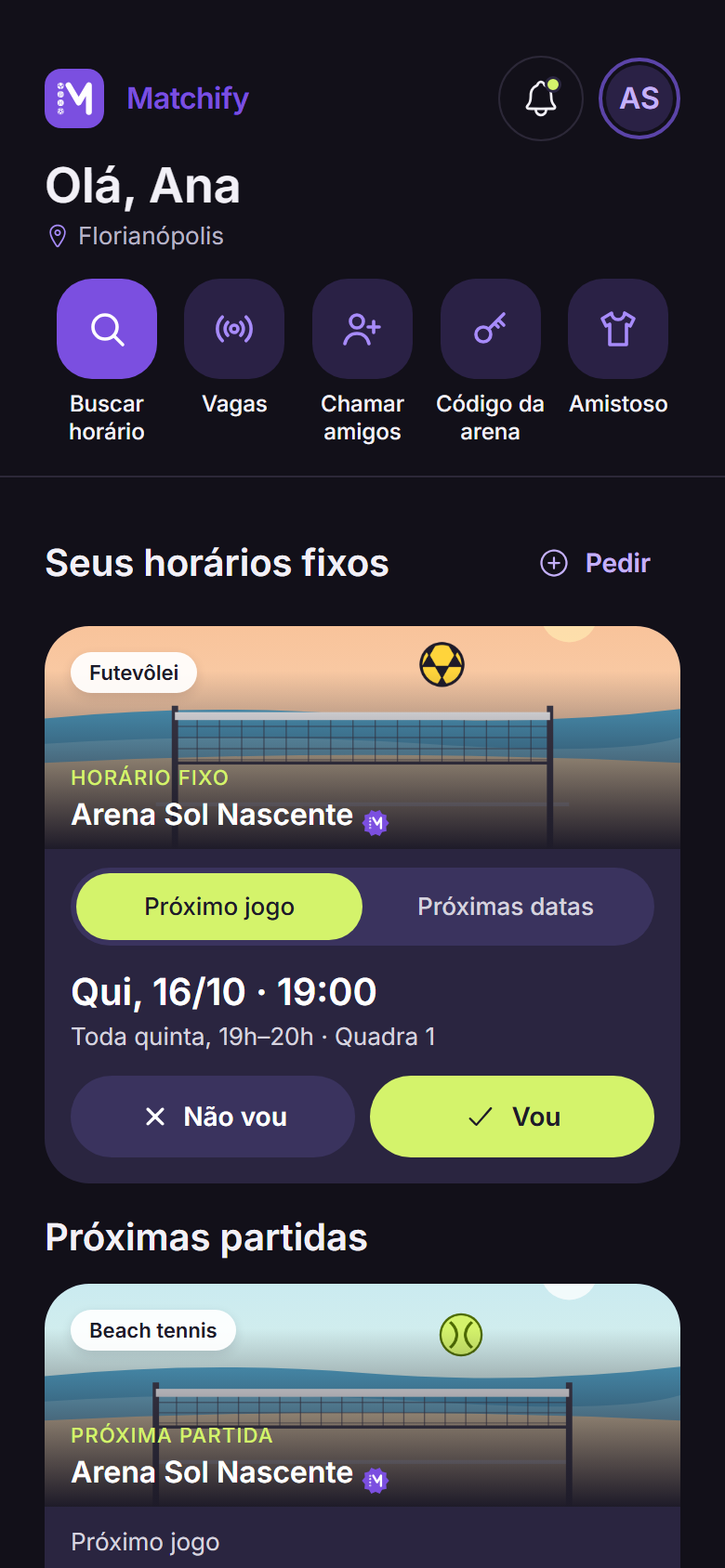 A mesma tela no tema escuro: o Início do jogador: os atalhos, o horário fixo de futevôlei e a próxima partida