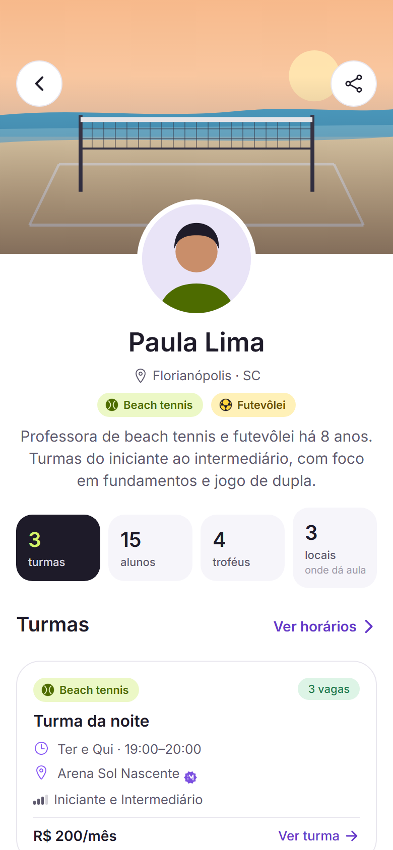 Tela do app no tema claro: o perfil público de uma professora: foto, esportes, números e as turmas