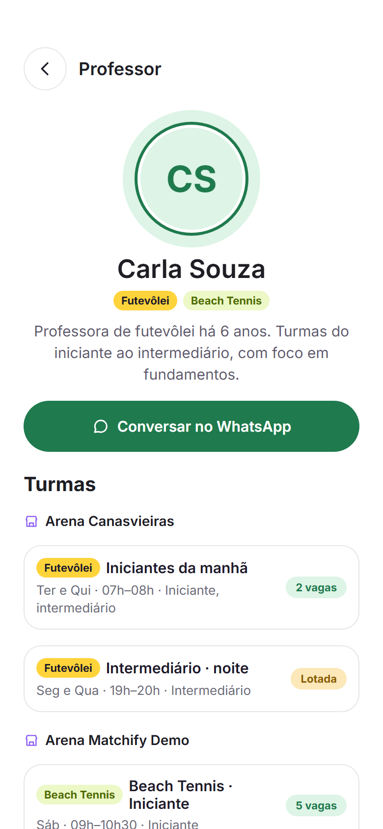 Tela do app com o perfil público de um professor