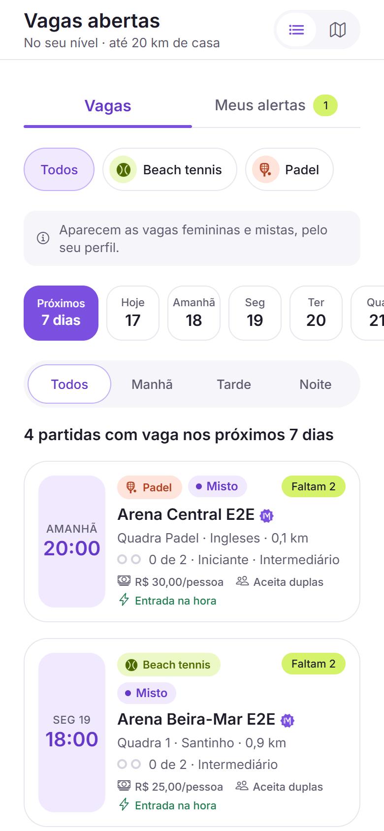 Tela Vagas abertas do app: partidas perto de você com vaga, com esporte, dia, hora, arena, nível e valor por pessoa